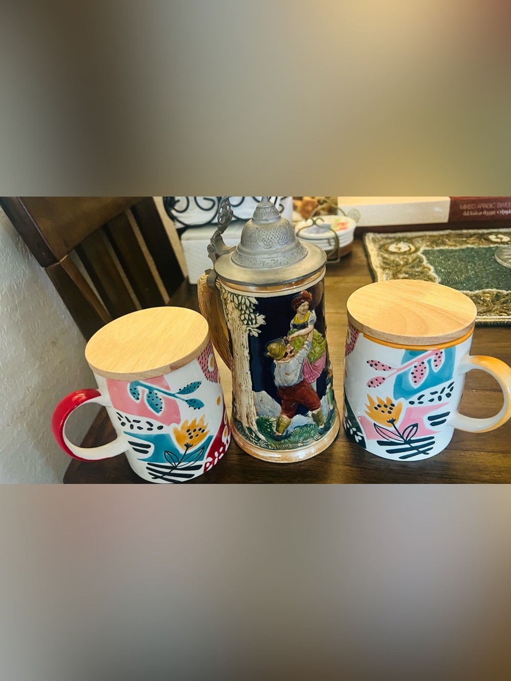 Vintage German mug &Ceramic Floral Canister Mug with Bamboo Lid 
 Multicolor